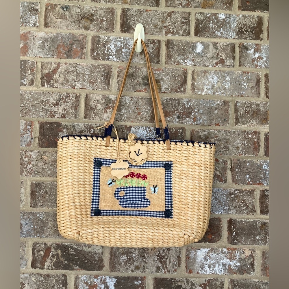 Breckenridge Straw Weave Tote Flowers Butterflies NWT